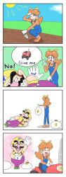 Rule 34 | 1boy, 1girl, 4koma, absurdres, blue eyes, brown hair, comic, earrings, facial hair, farming, fat, fat man, flower earrings, gloves, grin, hat, highres, jewelry, kirihoshi, laughing, looking at another, mario (series), mario kart, mario kart ds, mario kart tour, money, mustache, nintendo, overalls, princess daisy, ribbon, smile, speech bubble, sun, tomboy, tractor, wario
