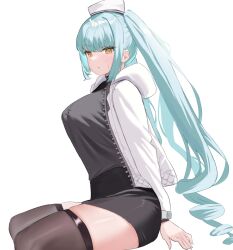 Rule 34 | 1girl, black shirt, black skirt, black thighhighs, blue hair, blush, breasts, casual, closed mouth, commentary, drill hair, embarrassed, feet out of frame, from side, goddess of victory: nikke, hat, highres, hood, hood down, hooded jacket, invisible chair, jacket, large breasts, light blue hair, long hair, long sleeves, looking at viewer, miniskirt, official alternate costume, open clothes, open jacket, pencil skirt, privaty (government grunt) (nikke), privaty (nikke), sailor hat, shirt, shirt tucked in, simple background, sitting, skirt, solo, sweatdrop, tented shirt, thighhighs, thighs, twin drills, twintails, unzipped, v-shaped eyebrows, very long hair, white background, white hat, white jacket, xi oshir1, yellow eyes, zettai ryouiki