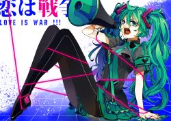 Rule 34 | 1girl, akiakane, arm support, bad id, bad pixiv id, bound, gloves, green eyes, green hair, hatsune miku, koi wa sensou (vocaloid), long hair, matching hair/eyes, megaphone, necktie, open mouth, pantyhose, sitting, skirt, solo, tied up (nonsexual), tongue, twintails, very long hair, vocaloid