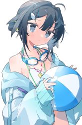 Rule 34 | 1girl, ahoge, arknights, ball, bare shoulders, beachball, bikini, black hair, blue eyes, blue jacket, breasts, cleavage, feather hair, goggles, goggles around neck, hair intakes, highres, holding, holding ball, holding beachball, jacket, kabe sakana, la pluma (arknights), la pluma (summer flowers) (arknights), lanyard, long sleeves, looking at viewer, medium breasts, off shoulder, official alternate costume, short hair, simple background, solo, swimsuit, upper body, whistle, whistle around neck, white background, white bikini