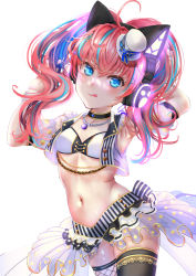 Rule 34 | 1girl, :q, ahoge, animal ear headphones, animal ears, armpits, arms behind head, arms up, asymmetrical legwear, bang dream!, bare shoulders, bikini, bikini top only, black choker, blue eyes, blue hair, breasts, cat ear headphones, choker, collarbone, commentary request, cowboy shot, detached sleeves, fake animal ears, fishnet thighhighs, fishnets, grey background, greyscale, hair between eyes, hat, headphones, highres, jewelry, long hair, looking at viewer, midriff, mini hat, mini top hat, mismatched legwear, monochrome, multicolored hair, navel, necklace, noir (nowaru), open clothes, open vest, partial commentary, pleated skirt, red hair, sidelocks, signature, simple background, single thighhigh, skindentation, skirt, small breasts, solo, standing, swimsuit, tamade chiyu, thighhighs, tongue, tongue out, top hat, twintails, two-tone hair, vest, waist cape, white background, white footwear, white vest, zettai ryouiki