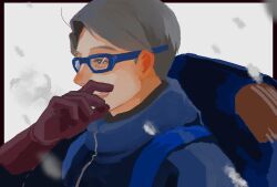 Rule 34 | 1boy, absurdres, backpack, bag, black border, black eyes, black hair, blue coat, border, call of cthulhu, coat, commentary, covering own mouth, from side, glasses, gloves, half-closed eyes, hand over own mouth, hand up, hide tani, high collar, highres, kyouki sanmyaku ~jashin no itadaki~, long sleeves, male focus, napoli no otokotachi, opaque glasses, open mouth, outside border, parka, partially opaque glasses, red gloves, shiumi saburou, short hair, smile, snowing, solo, swept bangs, white background