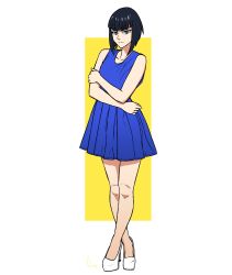 Rule 34 | 10s, 1girl, alternate hair length, alternate hairstyle, black hair, blue dress, blue eyes, bob cut, casual, chris re5, crossed ankles, dress, eyebrows, full body, high heels, highres, holding own arm, jitome, kill la kill, kiryuuin satsuki, looking at viewer, pumps, shoes, short hair, signature, simple background, solo, standing, thick eyebrows, white footwear