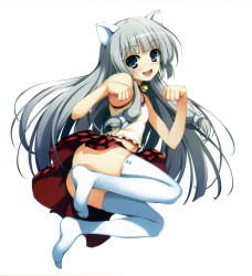 Rule 34 | 1girl, :d, animal ears, bare shoulders, bell, camisole, cat ears, choker, collar, grey hair, highres, long hair, looking at viewer, midriff, navel, neck bell, no panties, open mouth, original, paw pose, plaid, plaid skirt, pleated skirt, purple eyes, scan, simple background, skirt, smile, solo, thighhighs, tomose shunsaku, upskirt, white background, white thighhighs