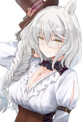 Rule 34 | 1girl, absurdres, animal ears, arm strap, biwa hayahide (uchronia architect) (umamusume), biwa hayahide (umamusume), black hat, braid, braided ponytail, closed mouth, commentary, frilled shirt, frills, glasses, hair over shoulder, hand in own hair, hat, highres, horse ears, jewelry, long hair, long sleeves, looking at viewer, necklace, semi-rimless eyewear, shirt, simple background, single braid, smile, solo, steampunk, tilted headwear, top hat, umamusume, under-rim eyewear, unu (unucence), white background, white shirt, yellow eyes