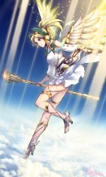 Rule 34 | 1girl, above clouds, absurdres, ancient greek clothes, artist name, barefoot sandals (jewelry), blonde hair, blue eyes, chii in baru saba, chiton, cloud, dress, feathered wings, glo, glowing, glowing feather, glowing wings, greco-roman clothes, hair ornament, head wreath, high ponytail, highres, himation, holding, holding staff, jewelry, laurel crown, mechanical wings, mercy (overwatch), nose, official alternate costume, overwatch, overwatch 1, ponytail, sky, solo, spread wings, staff, toga, white dress, winged victory mercy, wings, yellow wings