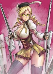 Rule 34 | 10s, 1girl, bespectacled, blonde hair, breasts, cleavage, corset, detached sleeves, drill hair, dual wielding, exaxuxer, fingerless gloves, glasses, gloves, gun, hat, hat feather, holding, large breasts, long hair, magical girl, magical musket, mahou shoujo madoka magica, mahou shoujo madoka magica (anime), panties, pantyshot, pinky out, semi-rimless eyewear, skirt, solo, standing, striped clothes, striped thighhighs, thighhighs, tomoe mami, torn clothes, torn skirt, twin drills, twintails, under-rim eyewear, underwear, vertical-striped clothes, vertical-striped thighhighs, weapon, yellow eyes, zettai ryouiki
