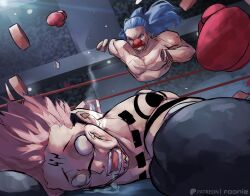 Rule 34 | 2boys, arm tattoo, artist name, audience, black gloves, blank eyes, blue hair, boxing, boxing gloves, boxing ring, buggy the clown, clown nose, defeat, dent, devil fruit power, disembodied hand, disembodied torso, drooling, facial tattoo, fighting, funi xd, gloves, highres, itadori yuuji, jujutsu kaisen, light particles, long hair, lying, multiple boys, no tattoo, on floor, on stomach, one piece, open mouth, patreon username, pectorals, pink hair, ponytail, possessed, punched, red gloves, red lips, red nose, ryoumen sukuna (jujutsu kaisen), short hair, shoulder tattoo, tattoo, teeth, unconscious, undercut