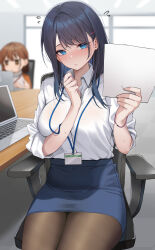 Rule 34 | 2girls, absurdres, black pantyhose, blue eyes, blue hair, blue skirt, blush, breasts, brown hair, chair, collared shirt, commentary request, computer, desk, flying sweatdrops, hair ornament, hairclip, hands up, highres, holding, holding paper, laptop, large breasts, looking at viewer, medium hair, multiple girls, nose blush, office, office chair, office lady, ol-chan (udon), original, pantyhose, paper, pencil skirt, shirt, shirt tucked in, short hair, sitting, skirt, sleeves rolled up, solo focus, swivel chair, udon (udonalium), white shirt