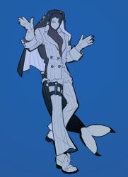 Rule 34 | 1boy, blue background, blue eyes, body markings, cetacean tail, coif, collared jacket, colored sclera, colored skin, dagger, fins, fish tail, formal, full body, gloves, grey footwear, grey gloves, grey jacket, grey pants, grey sclera, grey skin, hands up, highres, holster, jacket, knife, korean commentary, looking to the side, male focus, no mouth, one-eyed, original, pants, sasi mozzi1, sheath, sheathed, shirt, simple background, solo, standing, striped clothes, striped footwear, striped pants, striped shirt, striped suit, suit, tail, thigh holster, veil, vertical-striped footwear, weapon, whale boy