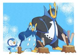 Rule 34 | blue background, blue eyes, border, chopping, closed mouth, commentary request, creatures (company), crying, empoleon, from side, game freak, gen 4 pokemon, highres, log, looking down, nintendo, no humans, piplup, pkpokopoko3, pokemon, pokemon (creature), prinplup, standing, streaming tears, sweatdrop, tears, tree stump, white border