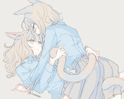 Rule 34 | 2girls, animal ears, arm support, blue eyes, blue shirt, cat ears, cat girl, cat tail, closed mouth, commentary request, eye contact, grey background, grey hair, grey skirt, holding another&#039;s tail, inutose, long hair, long sleeves, looking at another, multiple girls, original, pleated skirt, school uniform, shirt, short hair, simple background, skirt, tail, tail wrap, twitter username, yuri