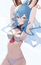 Rule 34 | 1girl, animal ears, armpits, arms behind head, arms up, bare arms, bare shoulders, bikini, blue hair, breasts, cleavage, cleavage cutout, closed mouth, clothing cutout, commentary, cowboy shot, english commentary, erune, ferry (granblue fantasy), ferry (summer) (granblue fantasy), granblue fantasy, high ponytail, highres, long hair, looking at viewer, medium breasts, navel, ponytail, punished pigeon, simple background, smile, solo, stomach, string bikini, swimsuit, white background, white bikini, yellow eyes