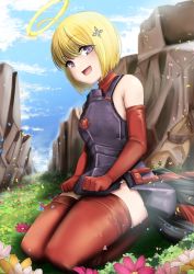 Rule 34 | 1girl, :d, absurdres, ahoge, alternate hair color, armor, bad id, bad pixiv id, bare shoulders, black armor, blonde hair, bob cut, cloud, dvdraw, elbow gloves, flower, gloves, hair ornament, halo, hands on lap, highres, huge filesize, itai no wa iya nano de bougyoryoku ni kyokufuri shitai to omoimasu, looking at viewer, maple (bofuri), mountain, on ground, open mouth, petals, purple eyes, raised eyebrows, red gloves, red thighhighs, seiza, short hair, sitting, sky, smile, solo, thighhighs, thighs, undershirt, zettai ryouiki