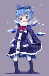 Rule 34 | 1girl, ahoge, alternate costume, blue bow, blue coat, blue eyes, blue footwear, blue gloves, blue hair, blush, boots, bow, bowtie, breath, buttons, cirno, coat, coat hold, detached wings, fang, fur-trimmed coat, fur collar, fur trim, gloves, hair bow, hair ornament, high heel boots, high heels, highres, ice, ice wings, knee boots, long sleeves, makuran, one side up, pantyhose, penguin hair ornament, pigeon-toed, plaid, plaid bow, plaid bowtie, plaid neckwear, pom pom (clothes), purple background, red bow, red bowtie, short hair, simple background, snowing, solo, touhou, unmoving pattern, white pantyhose, wings, winter clothes, winter coat