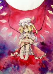 Rule 34 | 1girl, ascot, back bow, blonde hair, bloomers, bow, closed mouth, collared shirt, crystal, flandre scarlet, frilled shirt collar, frilled skirt, frills, full body, hair between eyes, hat, hat ribbon, highres, holding, holding polearm, holding weapon, kaigen 1025, laevatein (touhou), large bow, looking at viewer, medium hair, mob cap, multicolored wings, no shoes, one side up, polearm, puffy short sleeves, puffy sleeves, red background, red eyes, red ribbon, red skirt, red vest, ribbon, ribbon-trimmed headwear, ribbon trim, shirt, short sleeves, simple background, skirt, socks, solo, touhou, underwear, vest, weapon, white bloomers, white bow, white hat, white socks, wings, yellow ascot