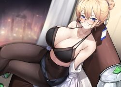 Rule 34 | 1girl, bare shoulders, beer can, black-framed eyewear, black bra, black skirt, blonde hair, blue eyes, bra, breasts, brown pantyhose, can, cleavage, collarbone, covered navel, crossed legs, ddangbi, drink can, glasses, grin, hair bun, highres, id card, indoors, large breasts, long hair, looking at viewer, miniskirt, multi-strapped bra, night, off shoulder, office lady, open clothes, open skirt, original, pantyhose, pencil skirt, shirt, single hair bun, sitting, skirt, smile, solo, spaghetti strap, sweat, underwear, white shirt