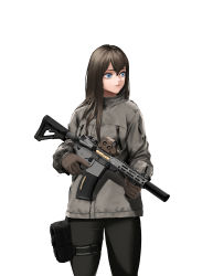 Rule 34 | 1girl, absurdres, ar-15, blue eyes, brown hair, commentary, cureeper, foregrip, gloves, gun, highres, holding, holding gun, holding weapon, jacket, long hair, original, rifle, solo, suppressor, trigger discipline, weapon, white background