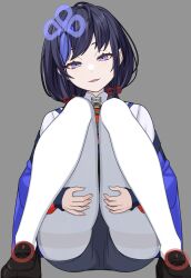 Rule 34 | 1girl, black hair, blue eyes, blue jacket, blue sailor collar, brown footwear, commentary request, fangs, grabbing own thigh, grey shorts, hair ornament, highres, jacket, loafers, long hair, long sleeves, looking at viewer, low twintails, m legs, nijisanji, off shoulder, palenitre, pantyhose, parted lips, ponto nei, sailor collar, shirt, shoes, short shorts, shorts, simple background, sitting, solo, thighband pantyhose, thighs, twintails, virtual youtuber, white pantyhose, white shirt