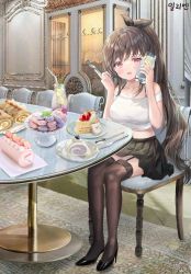 Rule 34 | 1girl, absurdres, arme (cgsy7484), bare shoulders, black footwear, black hair, black ribbon, black skirt, black thighhighs, blush, bra strap, breasts, cake, cake slice, chair, collarbone, commission, crop top, food, fork, garter straps, hair ribbon, hands up, high heels, highres, holding, holding fork, indoors, long hair, looking at viewer, macaron, medium breasts, midriff, miniskirt, off-shoulder shirt, off shoulder, open mouth, original, pink eyes, pleated skirt, ponytail, red eyes, ribbon, second-party source, shirt, short sleeves, sitting, skirt, solo, strawberry shortcake, table, thighhighs, very long hair, white shirt, zettai ryouiki