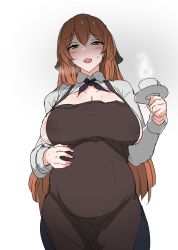 Rule 34 | 1girl, apron, areola slip, blush, breasts, brown hair, cleavage, cup, dress, girls&#039; frontline, green eyes, hair between eyes, highres, large breasts, long hair, looking at viewer, necktie, open mouth, ponytail, pregnant, ribbon, sarong, saucer, sideboob, sidelocks, smile, solo, springfield (girls&#039; frontline), white dress, yellowseeds