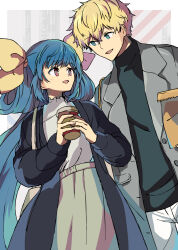 Rule 34 | 1boy, 1girl, absurdres, bag, blonde hair, blue eyes, blue hair, casual, coffee cup, couple, cup, disposable cup, dizzy (guilty gear), guilty gear, hair ribbon, hair rings, handbag, highres, holding, holding cup, husband and wife, ktknpdy, ky kiske, long hair, looking at viewer, open mouth, red eyes, ribbon, short hair, sidelocks, yellow ribbon