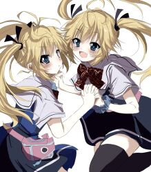 Rule 34 | 2girls, :d, antenna hair, black dress, black ribbon, black thighhighs, blonde hair, blue dress, blue eyes, blue scrunchie, blush, bow, cowboy shot, dress, dual persona, fang, floating hair, from side, grisaia (series), grisaia no kajitsu, hair between eyes, hair ribbon, happy, holding hands, interlocked fingers, long hair, looking at another, matsushima michiru, multiple girls, open mouth, parted lips, plaid, plaid bow, red bow, ribbon, school uniform, scrunchie, shirt, short dress, short sleeves, simple background, skin fang, smile, thighhighs, twintails, two-tone dress, unkogakatasugi, white background, white shirt, wrist scrunchie, zettai ryouiki