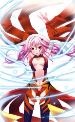 Rule 34 | 10s, 1girl, arms up, bandages, black thighhighs, breasts, center opening, cleavage, detached sleeves, female focus, gensui, guilty crown, long hair, looking at viewer, navel, open mouth, pink hair, red eyes, solo, thighhighs, white background, yuzuriha inori