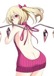 Rule 34 | 1girl, amisu, ass, back, back cutout, backless dress, backless outfit, bare back, bare shoulders, blonde hair, bow, breasts, butt crack, closed mouth, clothing cutout, cowboy shot, crystal, dress, fang, flandre scarlet, from behind, hair bow, halterneck, hand up, legs together, long hair, looking at viewer, looking back, meme attire, naked sweater, purple dress, purple ribbon, red eyes, ribbed sweater, ribbon, shoulder blades, side ponytail, sideboob, simple background, small breasts, smile, solo, sweater, sweater dress, touhou, turtleneck, turtleneck sweater, virgin killer sweater, white background, wings