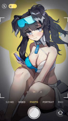 Rule 34 | 1girl, :t, absurdres, bare arms, bare legs, bare shoulders, black hair, blue archive, blue eyes, breasts, cellphone, cleavage, commentary, commentary request, crop top, facial mark, feet out of frame, goggles, goggles on head, hibiki (blue archive), hibiki (cheer squad) (blue archive), highres, holding, holding phone, large breasts, long hair, looking at viewer, midriff, millennium cheerleader outfit (blue archive), phone, plabit, revision, sitting, smartphone, solo, star (symbol), stomach