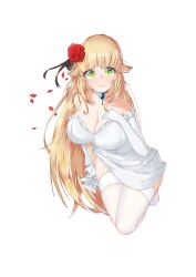 Rule 34 | 1girl, absurdres, alternate costume, apertio, aurora (azur lane), azur lane, bare shoulders, blonde hair, breasts, cleavage, closed mouth, detached sleeves, dress, flower, frilled dress, frills, garter straps, green eyes, hair flower, hair ornament, hand on own chest, highres, jewelry, large breasts, long hair, looking at viewer, petals, red flower, simple background, smile, solo, thighhighs, very long hair, wedding dress, white background, white garter straps, white sleeves, white thighhighs