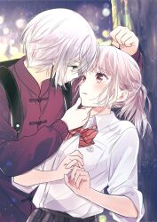 Rule 34 | 1boy, 1girl, blush, face-to-face, hand on another&#039;s chin, hetero, highres, imminent kiss, kabedon, looking at another, mask, mouth mask, ooshima towa, original, ponytail, school uniform