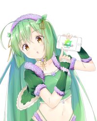 Rule 34 | 1girl, ahoge, akazateri, arm warmers, blush, bow, breasts, brown eyes, cellphone, chestnut mouth, choker, copyright name, flower knight girl, green hair, hair bow, hair ornament, logo, long hair, looking at viewer, midriff, mint (flower knight girl), navel, phone, small breasts, smartphone, solo, upper body, very long hair, white choker