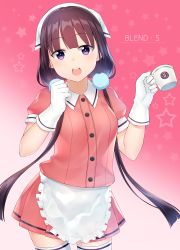 Rule 34 | 1girl, :d, absurdres, apron, blend s, blush, coffee cup, commentary, copyright name, cowboy shot, cup, disposable cup, frilled apron, frills, gloves, hands up, head scarf, head tilt, highres, holding, holding cup, hoshimiya aki, long hair, looking at viewer, low twintails, open mouth, pink shirt, pink skirt, puffy short sleeves, puffy sleeves, purple eyes, purple hair, sakuranomiya maika, shirt, short sleeves, skirt, smile, solo, star (symbol), starry background, stile uniform, teeth, thighhighs, twintails, uniform, upper teeth only, very long hair, waist apron, waitress, white apron, white gloves, white thighhighs, zettai ryouiki