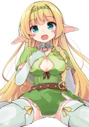 Rule 34 | 10s, 1girl, :d, blonde hair, blue eyes, blush, braid, breasts, cleavage, cleavage cutout, clothing cutout, collar, collarbone, commentary request, dress, elbow gloves, elf, gloves, green dress, hand on own chest, hand up, head tilt, isekai maou to shoukan shoujo no dorei majutsu, large breasts, long hair, looking at viewer, metal collar, open mouth, pointy ears, shera l. greenwood, short sleeves, sidelocks, simple background, sitting, smile, solar milk, solo, spread legs, thighhighs, twin braids, very long hair, white background, white gloves, white thighhighs