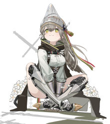 Rule 34 | 1girl, absurdres, arknights, armor, armored boots, blush, boots, breasts, brown cloak, brown hair, cloak, closed mouth, commentary, corset, cross-laced footwear, crossed legs, ear piercing, fartooth (arknights), feather hair, flower, full body, gauntlets, greaves, green eyes, hair between eyes, helmet, highres, indian style, knee pads, long hair, looking up, medium breasts, multicolored eyes, piercing, quiver, shirt, short shorts, shorts, simple background, sitting, smile, solo, sword, thighs, underbust, weapon, white background, white shirt, xiu kukkii, yellow eyes