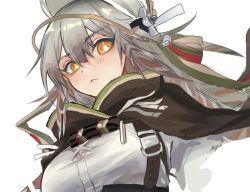Rule 34 | 1girl, :&lt;, arknights, black cape, blush, breasts, bright pupils, cape, closed mouth, fartooth (arknights), feather hair, from below, kaguura (kagu), long hair, looking at viewer, looking down, medium breasts, orange eyes, shirt, silver hair, simple background, solo, upper body, visor (armor), white background, white shirt