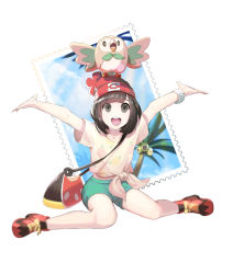 Rule 34 | 1girl, :d, alolan exeggutor, alolan form, arms up, bag, bare arms, bare legs, beanie, bird, black eyes, black hair, blue sky, cloud, cloudy sky, collarbone, creatures (company), eyebrows, floral print, full body, game freak, gen 7 pokemon, green shorts, handbag, hat, highres, hj (leeho830), nintendo, open mouth, outside border, owl, palm tree, pokemon, pokemon (creature), pokemon sm, postage stamp, red hat, rowlet, selene (pokemon), shirt, shoes, short hair, short sleeves, shorts, simple background, sitting, sky, smile, sneakers, stamp, teeth, tied shirt, tree, white background, wristband, yellow shirt