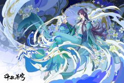 Rule 34 | 1girl, absurdres, artist request, bird, black hair, blue eyes, chinese clothes, closed mouth, doupo cangqiong, earrings, floral background, floral print, flying, from side, full body, hair bun, hair ornament, high heels, highres, jewelry, long hair, long sleeves, necklace, official art, second-party source, smoke, solo, tassel, tassel earrings, yun yun (doupo cangqiong)