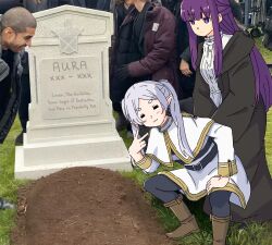 2girls :3 =_= aura_bullying_(meme) black_coat black_pantyhose blunt_bangs boots brown_footwear capelet coat commentary dress elf english_commentary english_text fern_(sousou_no_frieren) frieren full_body gold_trim grant_gustin_next_to_oliver_queen&#039;s_grave_(meme) grass grave hair_over_shoulder hand_up long_hair looking_at_another looking_at_viewer meme multiple_girls outdoors pantyhose photo-referenced photo_background pointy_ears purple_eyes purple_hair shirt skirt smile sousou_no_frieren squatting standing striped_clothes striped_shirt sunegg1112 tombstone twintails v white_capelet white_dress white_hair white_skirt