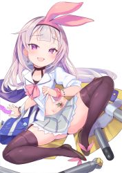 Rule 34 | 1girl, :d, arm support, azur lane, bag, bangle, black panties, blush, bracelet, brown footwear, brown hair, brown thighhighs, clothes lift, collared shirt, commentary request, condom, condom packet strip, condom wrapper, fang, grey skirt, hair ribbon, hairband, hobby (azur lane), hobby (little idol schoolgirl) (azur lane), jewelry, lifting own clothes, long hair, looking at viewer, navel, open mouth, p answer, panties, pleated skirt, purple eyes, red hairband, red ribbon, ribbon, school bag, shirt, shirt lift, shoes, short sleeves, skirt, smile, solo, spread legs, thighhighs, torpedo, underwear, very long hair, white shirt