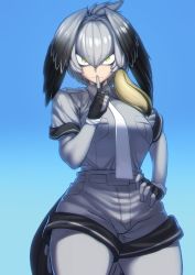 Rule 34 | 10s, 1girl, alternate breast size, bird tail, bird wings, black gloves, black hair, blouse, blue background, bodystocking, breasts, collared shirt, commentary, feathered wings, finger to mouth, fingerless gloves, gloves, green eyes, grey hair, grey shirt, grey shorts, head wings, highres, kemono friends, large breasts, long hair, looking at viewer, low ponytail, multicolored hair, necktie, pantyhose, shirt, shoebill (kemono friends), short sleeves, shorts, shushing, side ponytail, silver necktie, silver shirt, silver shorts, simple background, solo, spacezin, tail, thighs, white necktie, wide hips, wings