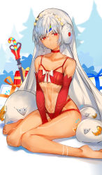 Rule 34 | 1girl, altera (fate), altera the santa (fate), animal, bare legs, bare shoulders, breasts, choker, christmas tree, commentary, dark-skinned female, dark skin, detached sleeves, earmuffs, fate/grand order, fate (series), feet, full-body tattoo, full body, gift, hair ornament, highres, hip focus, horz, legs, looking at viewer, midriff, mittens, navel, parted lips, photon ray (fate), red eyes, revealing clothes, seiza, sheep, short hair, sitting, small breasts, smile, solo, star (symbol), stomach, tan, tattoo, thighs, veil, weapon, white hair