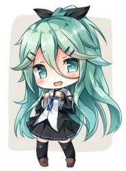 Rule 34 | 10s, 1girl, :d, bare shoulders, black bow, black serafuku, black skirt, black thighhighs, blue neckerchief, blush, bow, brown footwear, chibi, detached sleeves, elbow gloves, gloves, green eyes, green hair, hair between eyes, hair bow, hair ornament, hairclip, kantai collection, loafers, long hair, looking at viewer, lowres, matching hair/eyes, messy hair, neckerchief, open mouth, pigeon-toed, pleated skirt, ribbon, sailor collar, school uniform, serafuku, shoes, skirt, smile, solo, tareme, thighhighs, very long hair, wide sleeves, yamakaze (kancolle), yuko (kwong159)