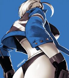 Rule 34 | 1girl, ahoge, ass, ass focus, back, breasts, cammy white, curvy, gauntlets, huge ahoge, huge ass, jacket, looking at viewer, miss faves, panties, shiny skin, short hair, street fighter, street fighter 6, thong, underwear, wide hips