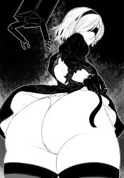Rule 34 | 1girl, 2b (nier:automata), ass, back cutout, blindfold, clothing cutout, cowboy shot, curvy, gloves, greyscale, hairband, haseru (ginku mh), huge ass, monochrome, nier:automata, nier (series), panties, parted lips, puffy sleeves, short sleeves, solo, thighhighs, underwear