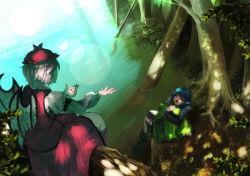Rule 34 | 2girls, animal ears, berabou, bird wings, blue hair, closed eyes, dappled sunlight, fins, hand on own chest, head fins, in tree, japanese clothes, juliet sleeves, kimono, lake, lens flare, long sleeves, mermaid, monster girl, multiple girls, music, mystia lorelei, obi, open mouth, outstretched arms, pink hair, puffy sleeves, sash, shirt, singing, sitting, sitting in tree, skirt, skirt set, sunlight, touhou, tree, vest, wakasagihime, wide sleeves, wings