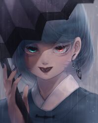 Rule 34 | 1girl, blue eyes, blue hair, blue nails, commentary request, earrings, eyes visible through hair, grey background, half-closed eyes, hand up, heterochromia, highres, holding, holding umbrella, jewelry, lips, looking at viewer, nail polish, nose, nostrils, portrait, rain, red eyes, sanpaku, simple background, solo, swept bangs, tatara kogasa, tongue, tongue out, touhou, umbrella, umbrella earrings, yatsuga (kouahey dierci)