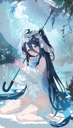 Rule 34 | 1girl, absurdres, alternate costume, aris (blue archive), bare shoulders, barefoot, black hair, blue archive, blue eyes, blush, bug, butterfly, closed mouth, detached sleeves, flower, hair between eyes, hair flower, hair ornament, halo, highres, holding, holding umbrella, insect, kabedoru, long hair, looking at viewer, one side up, sitting, smile, solo, umbrella, very long hair, wariza