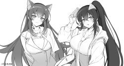Rule 34 | 2girls, :3, :o, absurdres, animal ear fluff, animal ears, arms behind back, artist name, black hairband, blush, breasts, buckle, cat ears, chest strap, coat, collarbone, collared shirt, counter:side, cropped jacket, crossed bangs, dog ears, fake animal ears, fang, gloves, greyscale, hair between eyes, hair ornament, hairband, hand up, head tilt, highres, holding ears, hood, hooded jacket, jacket, large breasts, long hair, long sleeves, looking at viewer, maett, monochrome, multiple girls, necktie, open clothes, open jacket, ponytail, seo yoon, shirt, sidelocks, snap-fit buckle, upper body, very long hair, white background, yoo mina